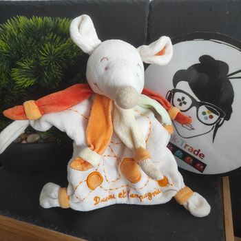 Souris Mario Doudou Et Compagnie marionnette blanc ronds orange Vert collerette