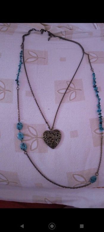 Long collier, sautoir double rang cœur et pierre turquoise Morgan