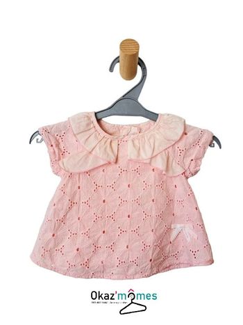 Blouse brodée rose pâle, à manches courtes - Marèse 3 mois (60cm)