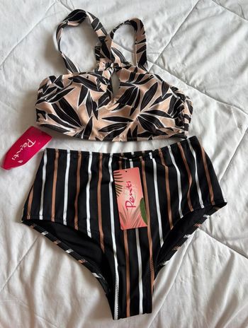 Ensemble maillot de bain bikini motif rayé feuillage multicolore Penti taille XS/34 neuf