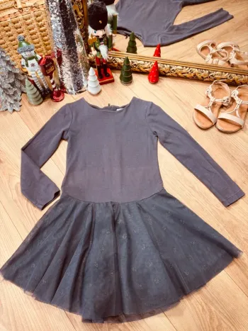Taille 8 ans robe à manches longues fille Okaidi grise * tulle poids * 🎄