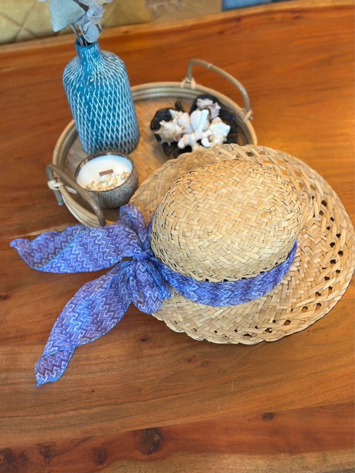 Chapeau en paille ruban imprimé bleu modèle vintage fabriqué en Italie T.U - photo numéro 6