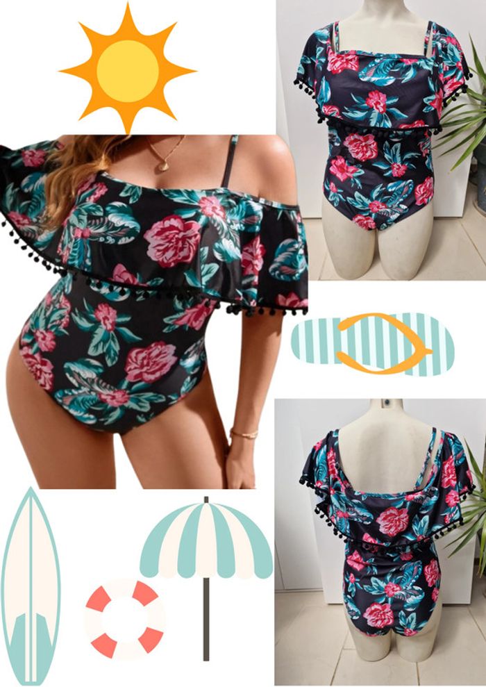 Maillot de Bain Tankini Une Piece Col Bateau Pompons Fleurs Taille 2XL 48