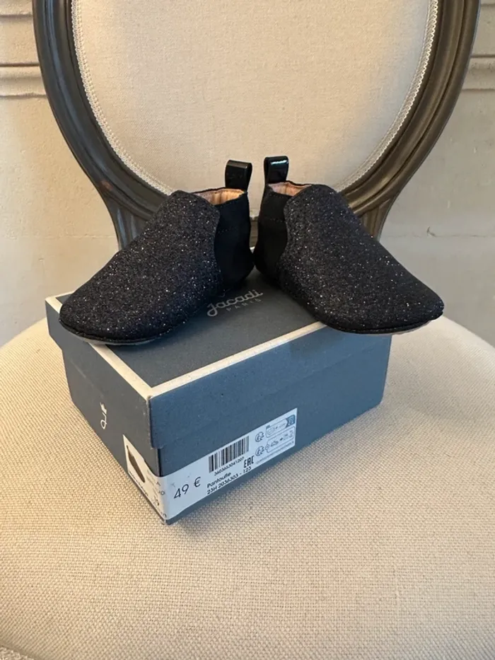 NEUF Jacadi chaussures chaussons cuir bleu marine pailletées bébé fille 19 Basila