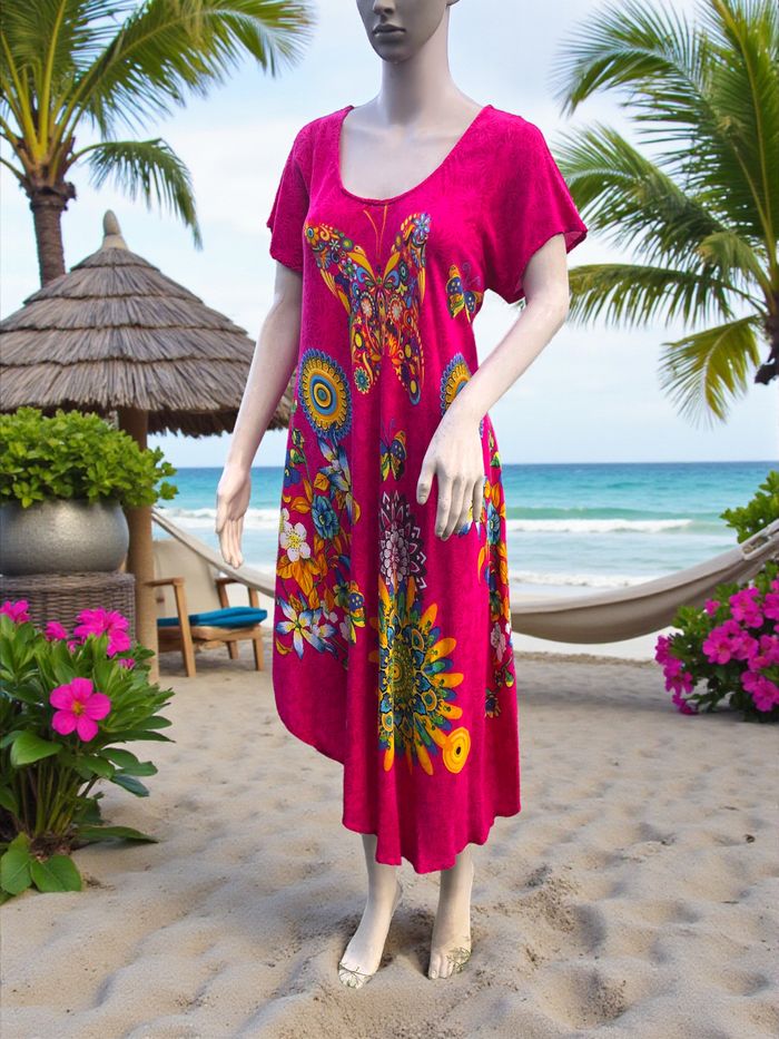 ROBE DE PLAGE FEMME ASYMÉTRIQUE TEINTES LUMINEUSES & MOTIF FLEURS ET PAPILLONS L - photo numéro 4