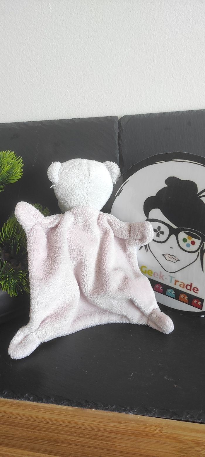 doudou plat ours blanc rose rectangle marron beige carré Ancien - photo numéro 2