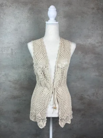 🌸 Cardigan en crochet sans manches en coton/ramie Vintage Taille 38/40 🌸