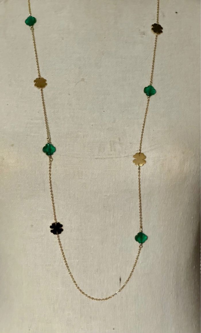 Collier sautoir long réglable acier inoxydable or trèfles doré et vert - photo numéro 3