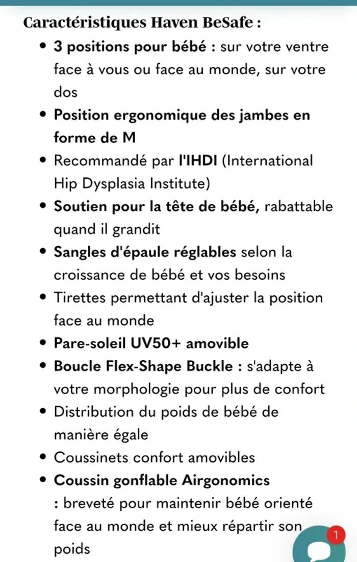 Porte-bébé physiologique complet avec tous les accessoires Haven Be Safe - photo numéro 3