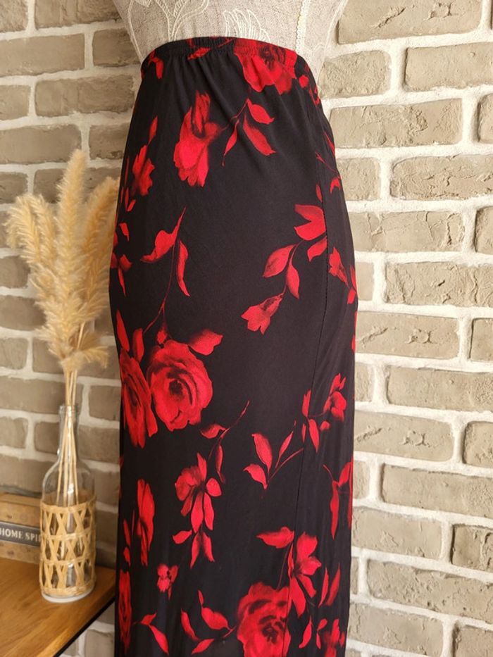 Jupe longue noir imprimé rose rouge - Vintage Made in France - photo numéro 8