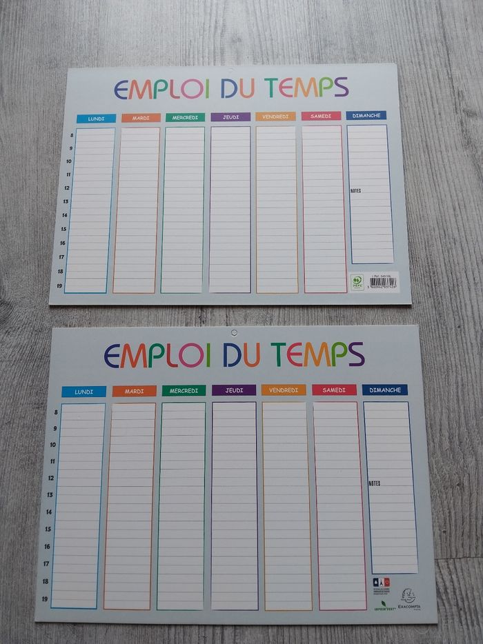 Lot de 2 emploi du temps cartonnés