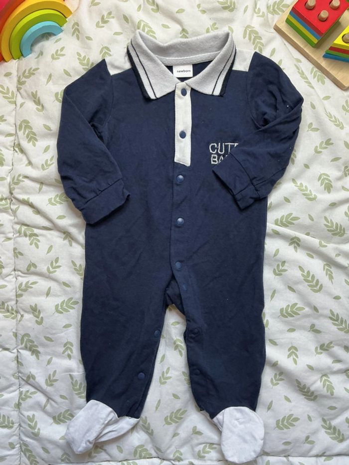 pyjama grenouillère en coton bleu marine ouverture devant 3 mois newborn - photo numéro 3
