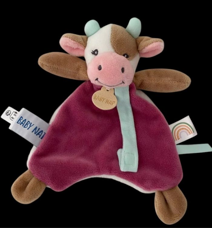 ❤️B4292 Doudou Plat BABY NAT' Babynat Vache Blanc Rose Pistache Attache Tétine