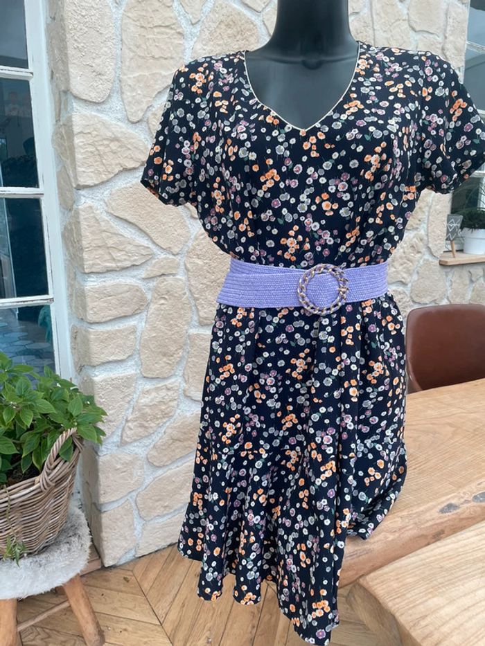 Robe bleu marine à fleurs Lila orange été taille L 40 by meg Paris - photo numéro 3