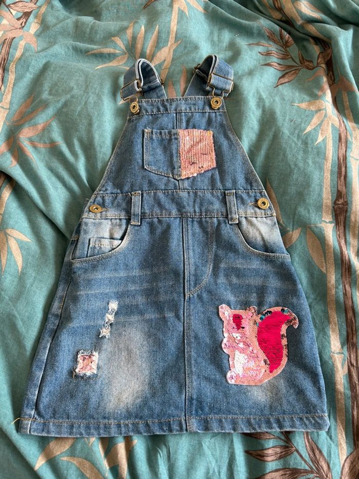 Salopette en jeans robe sequin écureuil effet usé joeshan 5 ans