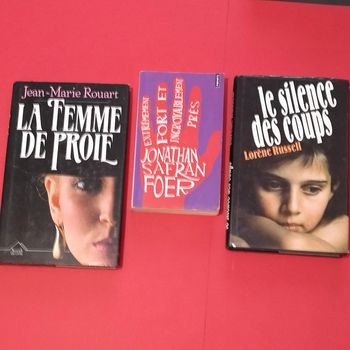 lot de 3 livres la femme de proie, le silence des coups et jonathan safran foer