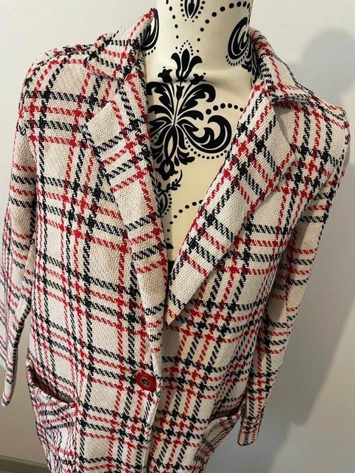 Veste blazer oversize à manches longues à carreaux blanc cassé rouge et noir Johanna Paris taille M - photo numéro 4