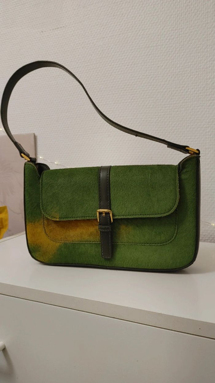 Sac en cuir véritable porté épaule crin de cheval vert jaune - photo numéro 3