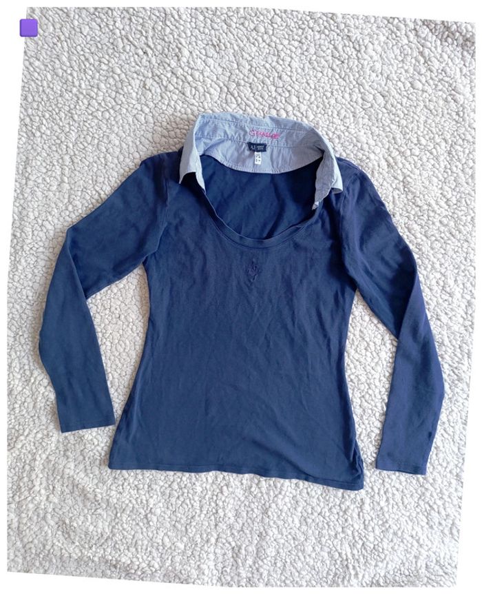 Haut manches longues bleu marine col chemise rayé vintage old school