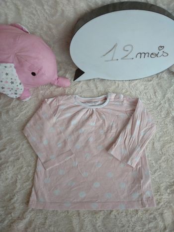 Tee shirt chemise manches longues rose à pois blancs Fille 12 mois Vertbaudet 100% coton