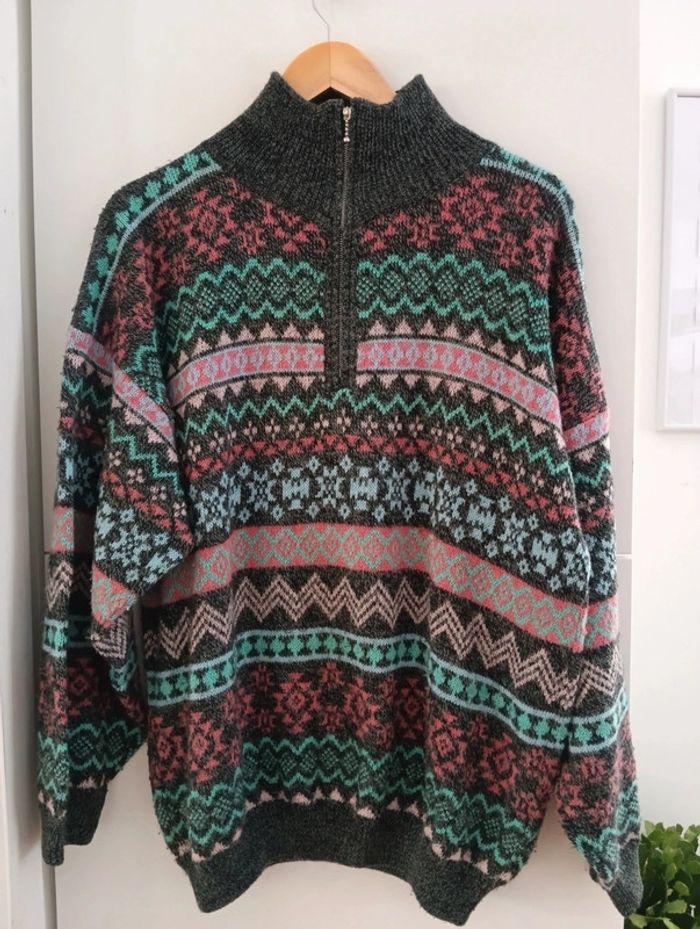 Pull col camionneur gris et multicolore vintage