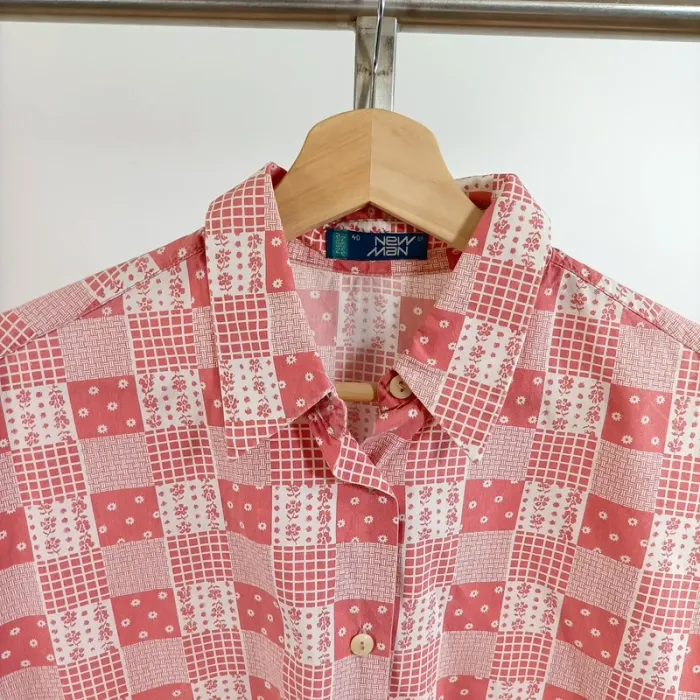 Chemise vintage New Man à manches courtes imprimé carreaux patchwork rouge et blanc A1521 - photo numéro 2