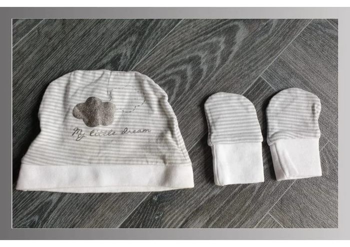 bonnet + gant bébé gris rayé blanc Boite à malice 0 mois/50cm
