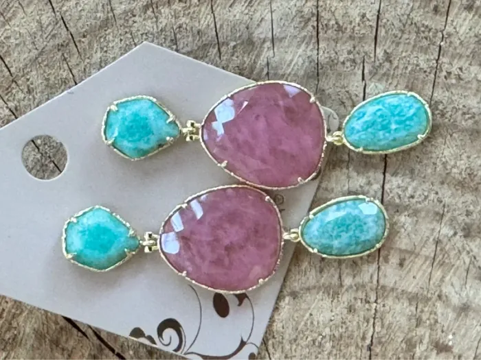 Boucles d’oreilles habaha  Paris amazonite et jade rose acier inoxydable - photo numéro 3
