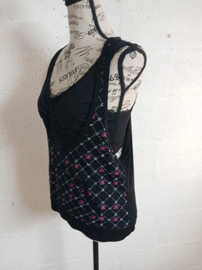 🖤 Débardeur fluide noir à motifs rose et gris – Taille M – Diramode - photo numéro 4