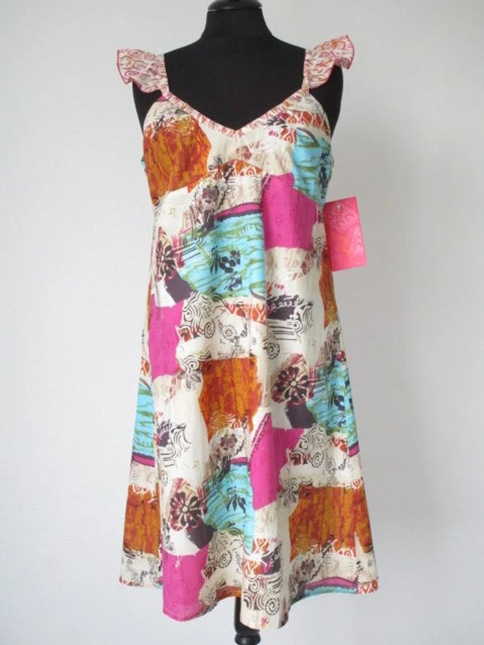 Robe beige imprimé fuchsia/turquoise/camel Jac Jac 38 NEUVE - photo numéro 2