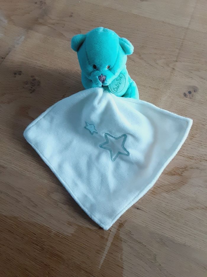 Doudou peluche bébé enfant Baby Nat ours bleu 11 cm et couverture blanche Neuve