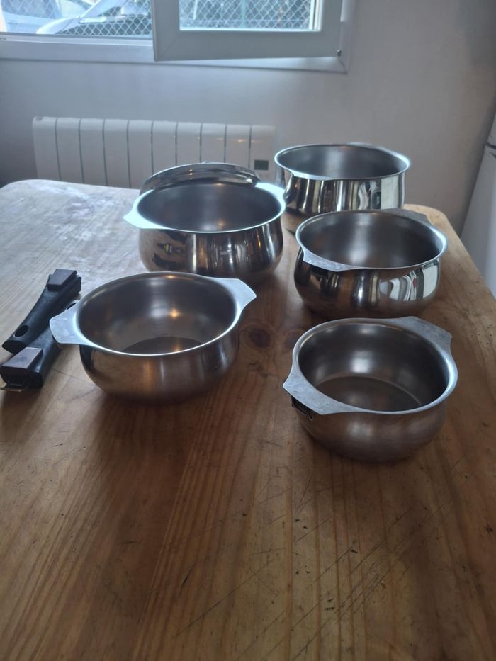 Batterie casseroles en inox 18/10 et cuivre Letang et Rémy en très bon état