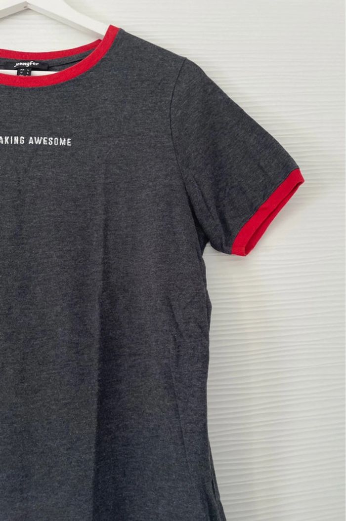 Haut t-shirt gris à manches courtes uni basique simple col rouge - photo numéro 2