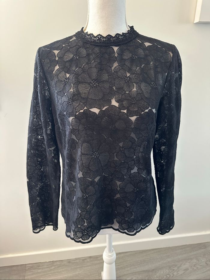 Blouse noire dentelle gothique à fleurs Vintage T38 M