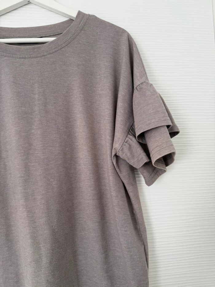 Haut t-shirt gris à manches courtes volants uni basique simple col rond - photo numéro 3