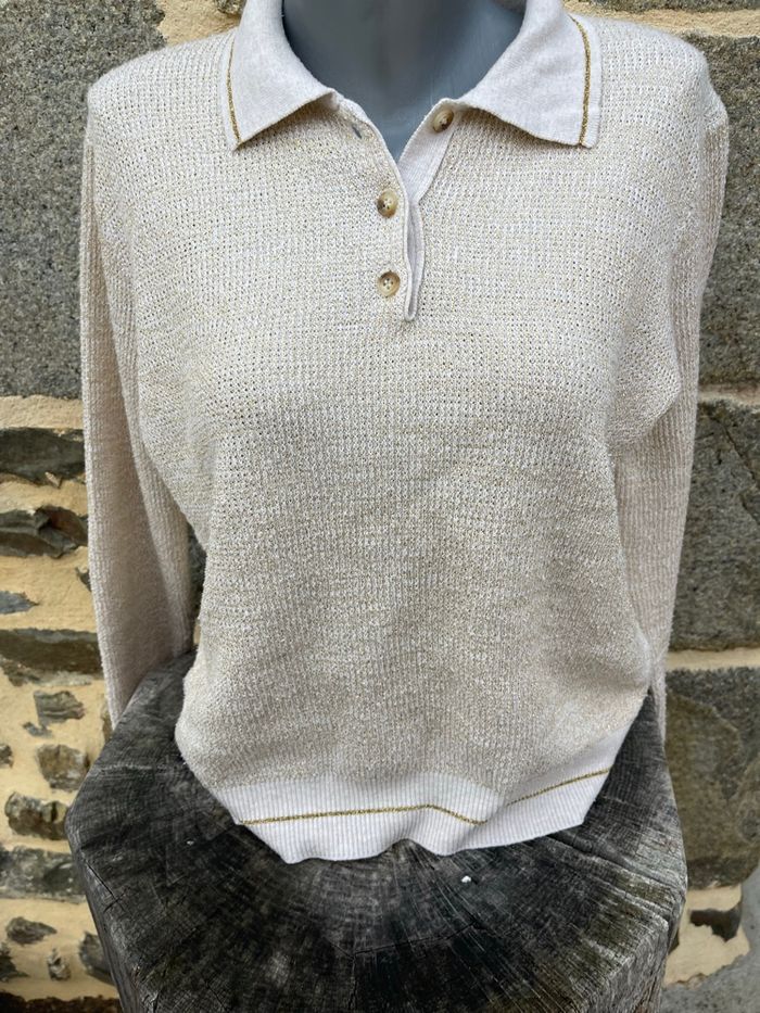 Pull style polo en maille beige et doré - Monoprix - photo numéro 5