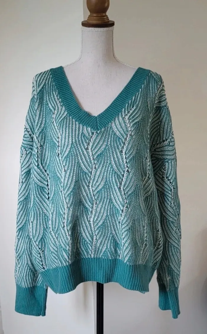 Pull ample col V vert turquoise et blanc Shein curve Taille 2XL ou 50/52