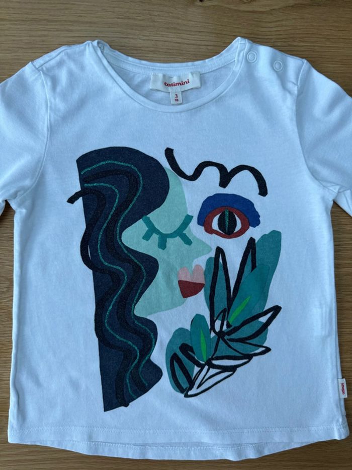 Tenue 2 pièces, teeshirt ML blanc visage vert foncé et tregging vert foncé assorti - Taille 3 Ans - photo numéro 5