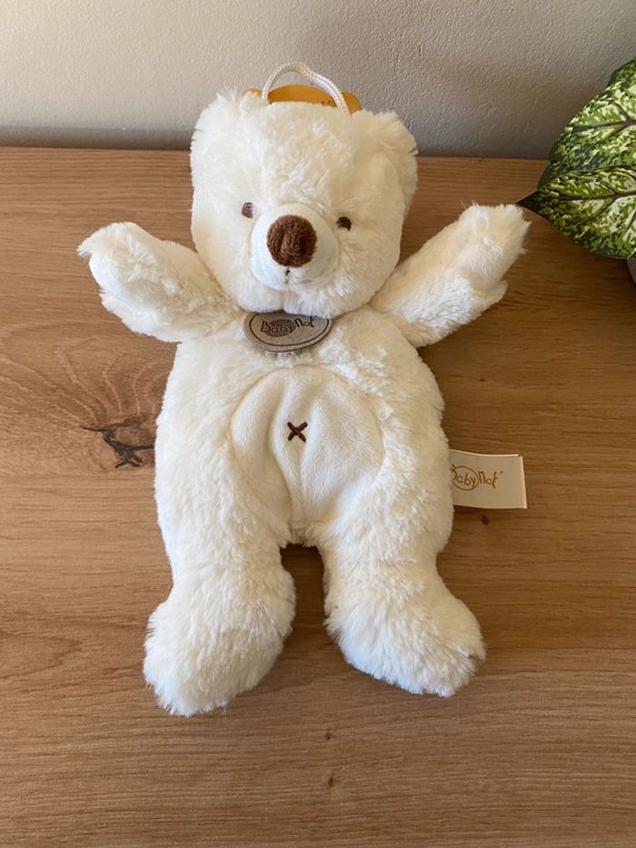 Doudou peluche ours blanc croix ventre nez marron baby nat neuf - photo numéro 2