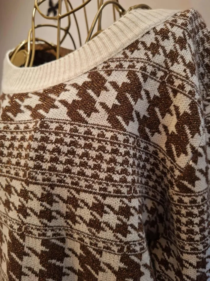 Pull crème / marron & imprimé pied de poule - photo numéro 2