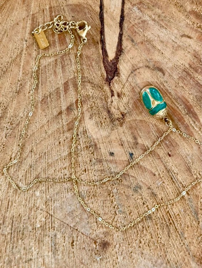 Collier chaîne réglable acier inoxydable or pendentif scarabée vert - photo numéro 2