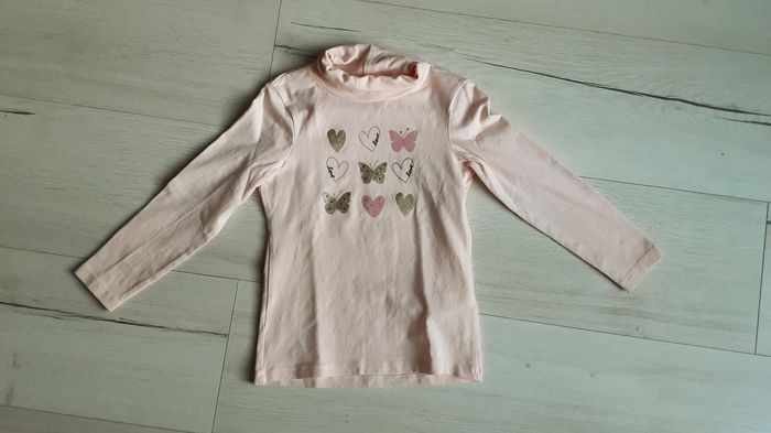 Vêtement fille tee-shirt manches longues sous-pull rose motifs cœur et papillon Orchestra 4 ans