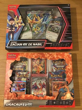 Lot coffrets cartes Pokémon dracaufeu ex zacian ex boosters flammés obsidiennes étincelles déferlantes