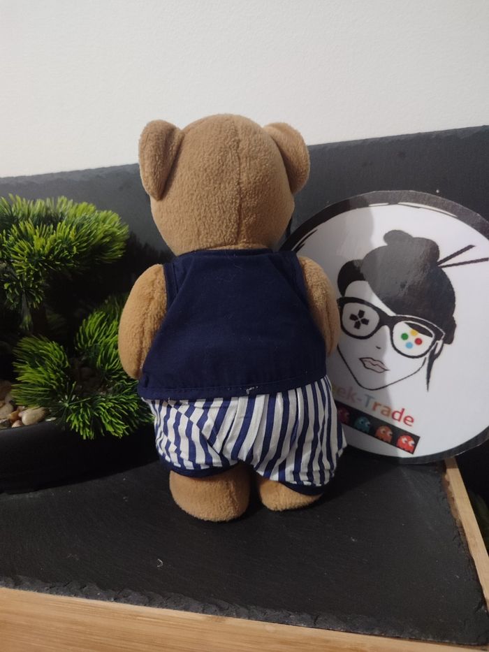 peluche ours ancien sucre d'orge je jardine marron blanc marine rayé gilet short beige - photo numéro 2