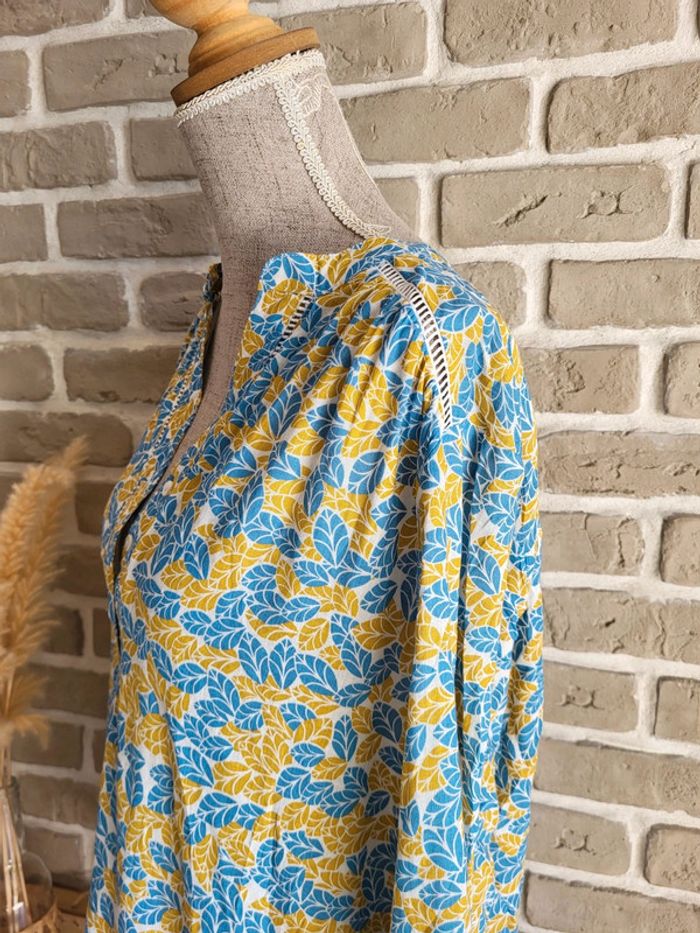 Blouse imprimée feuillage jaune moutarde et bleu clair - rétro champêtre - photo numéro 9