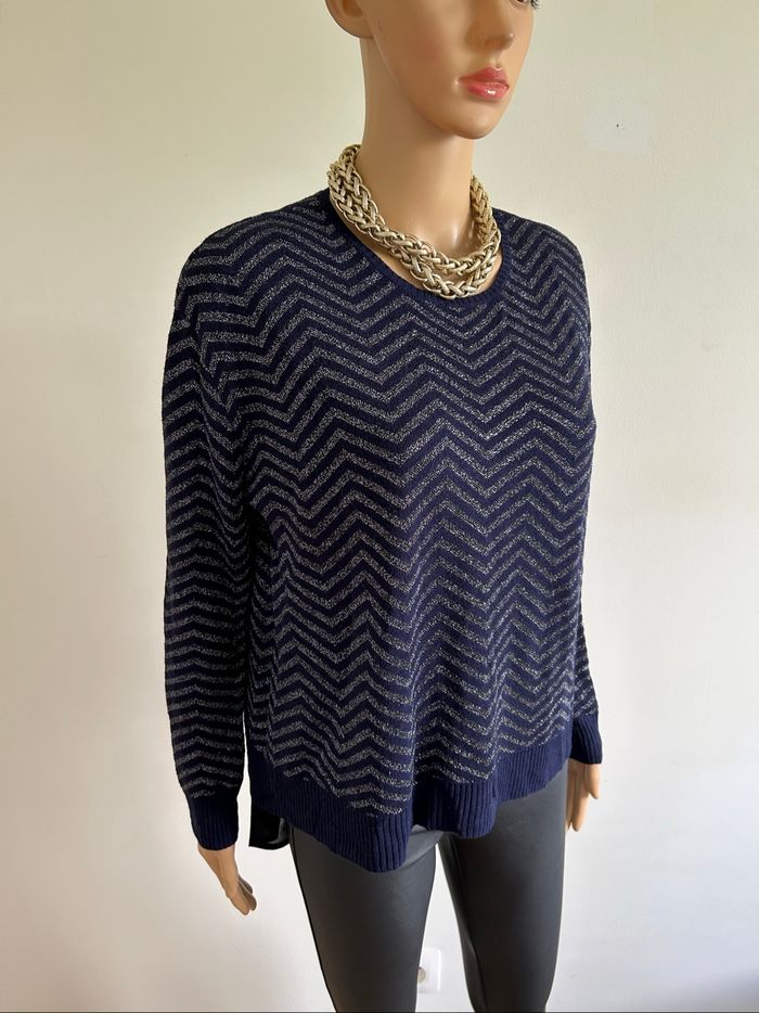 Pull bleu marine et argenté Le Temps des Cerises taille M jamais porté - photo numéro 2
