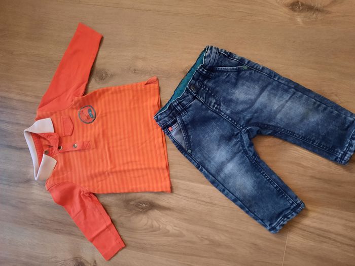 Ensemble garçon polo orange manches longues et jean bleu assorti Orchestra 9 mois