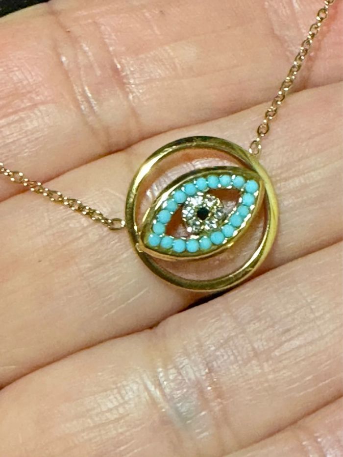 Collier réglable acier inoxydable or cercle œil perles cristaux - photo numéro 5