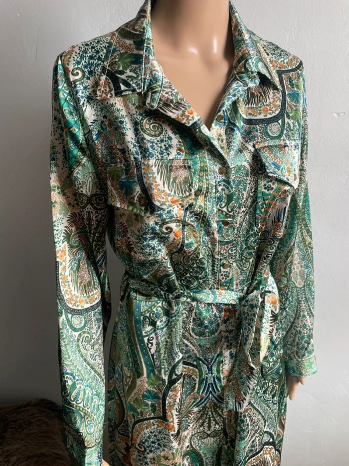 💚 Robe Chemise Longue Imprimé Paisley Vert & Blanc - Taille Unique, Excellent État 💚 - photo numéro 3