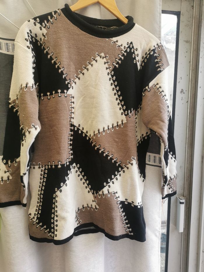 Pull à damiers beige, blanc et noir t 52 - photo numéro 5